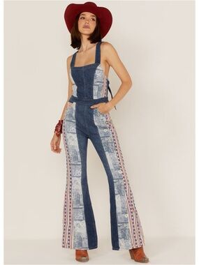FREE PEOPLE MEDIUM WASH PATCHWORK DALLAS DENIM JUMPSUIT msrp$228 NWT